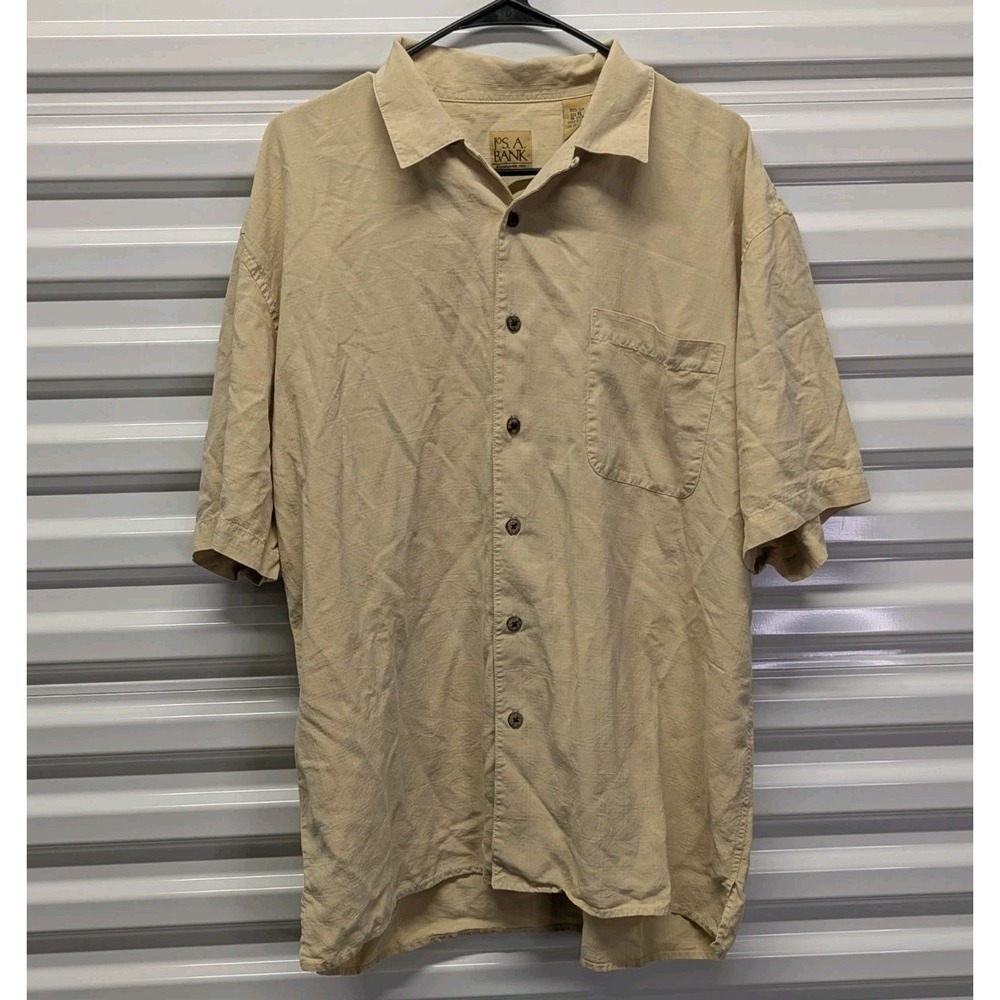 Y2K Coastal Grandpa Yellow Silk Camp Shirt Resortcore Minimalist Jos. A. Bank XL